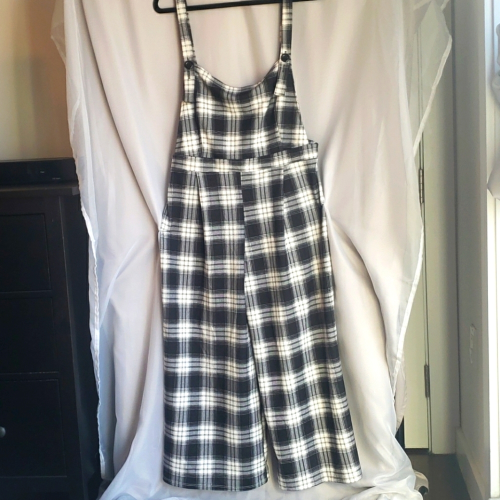 SOLD! Black and White Plaid cropped overalls